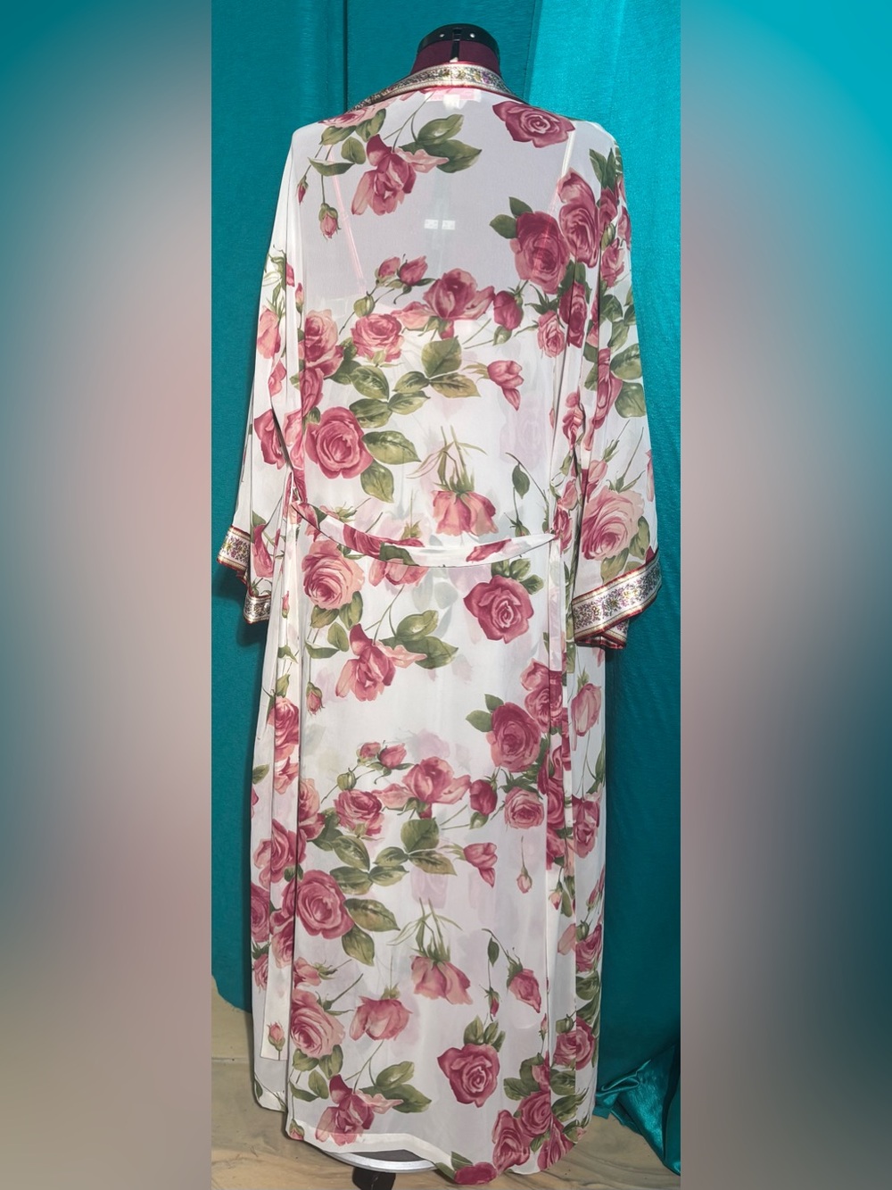 OSCAR DE LA RENTA PINK LABEL FLORAL ROSES GOWN & ROBE SHEER IVORY CHIFFON SIZE L - Picture 3 of 6